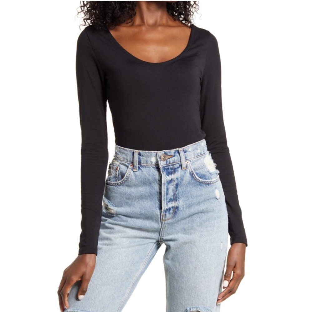 Leith Black Double Scoop Long Sleeve Thong Bodysuit Size Medium